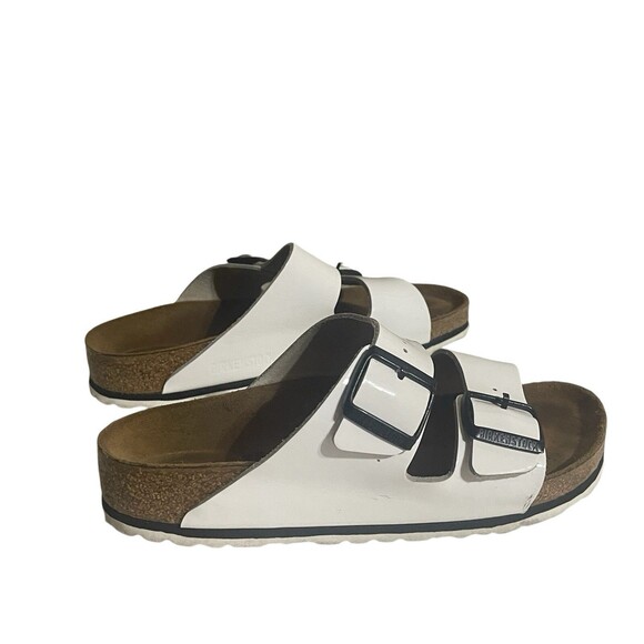 Birkenstock Sandals Womens 38 Arizona Buckle Straps Flats White Leather Slip On - Picture 3 of 14
